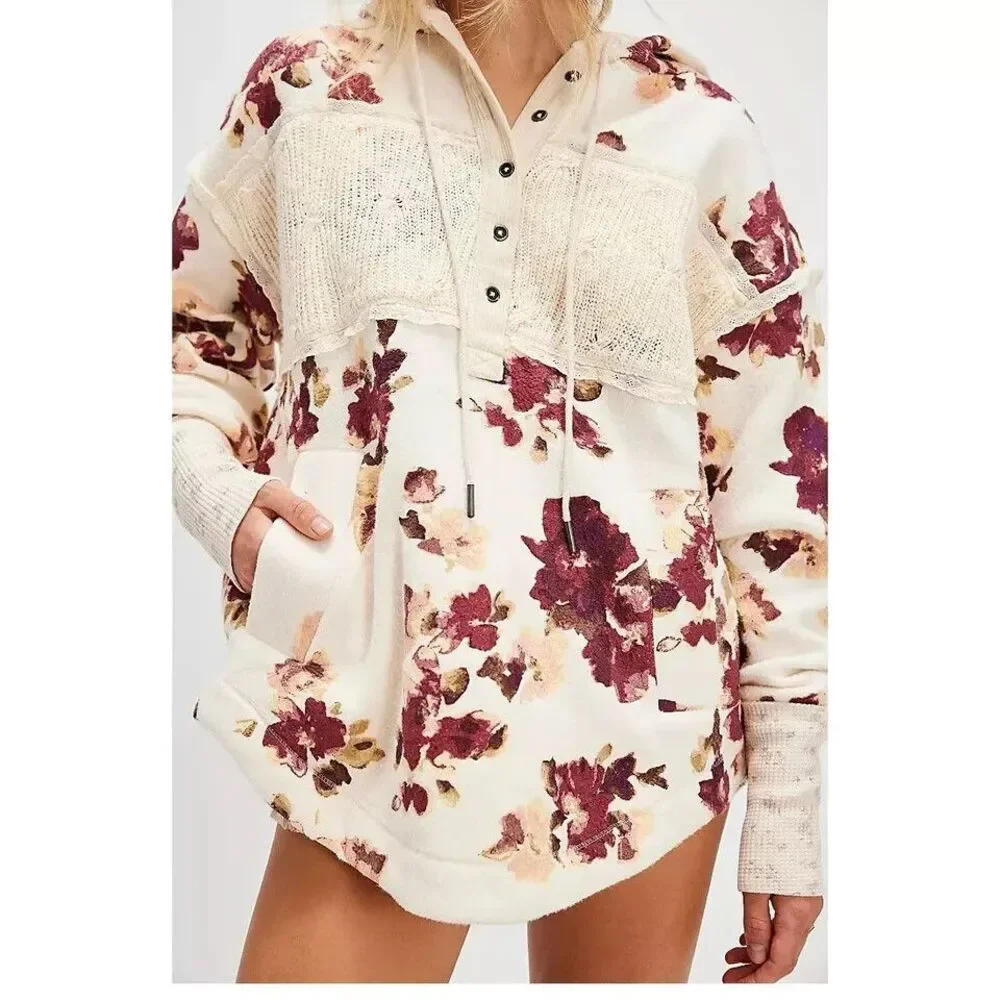 Free People Bali Bring Me Roses Sherpa Pullover Hoodie Top Sweatshirt S 277075